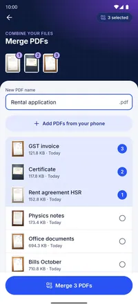 The Merge screen with three PDFs selected